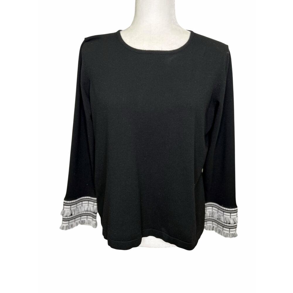 J'ENVIE New York Black White Light Sweater Fringe Cuff Detail Viscose Spandex XL